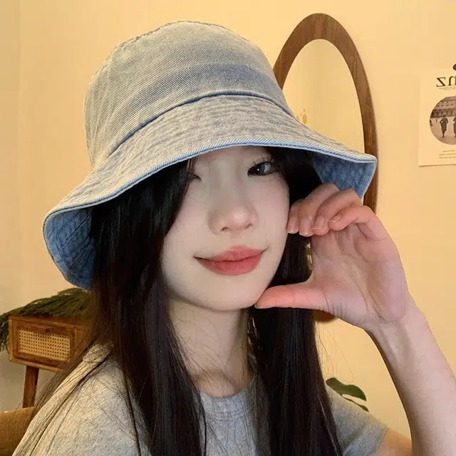 杨同学 复古做旧牛仔蓝色金属标大檐遮阳防晒 涤纶 渔夫帽 女款