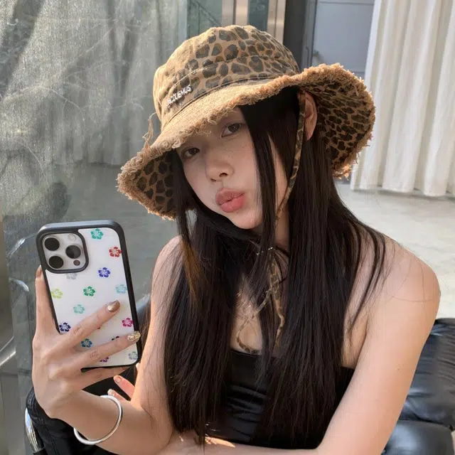 杨同学 韩式复古豹纹辣妹风毛边大檐遮阳防晒 涤纶 渔夫帽 女款 棕色/卡其色