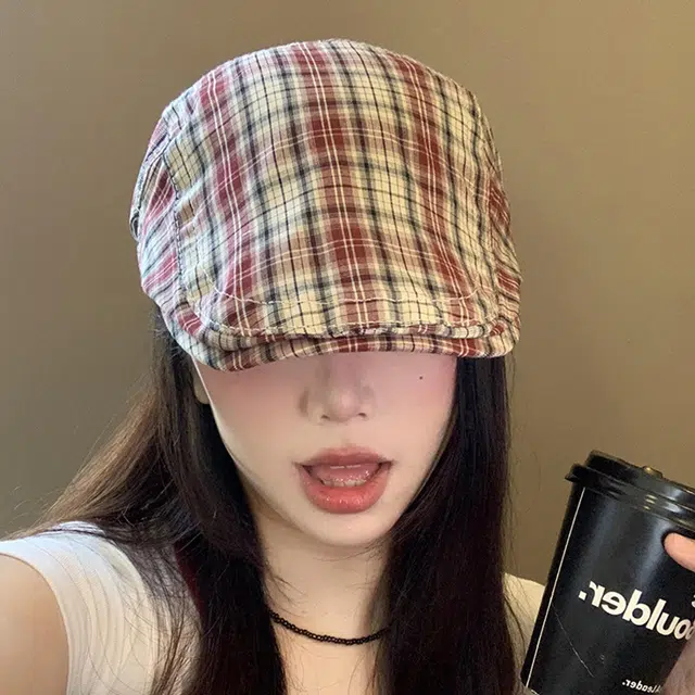 杨同学 日系文艺复古撞色格纹前进帽 腈纶 帽子 女款