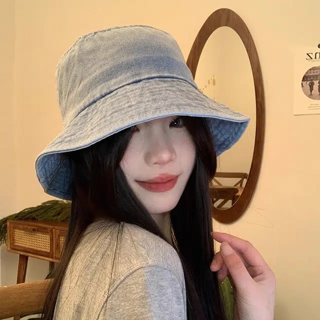 杨同学 复古做旧牛仔蓝色金属标大檐遮阳防晒 涤纶 渔夫帽 女款