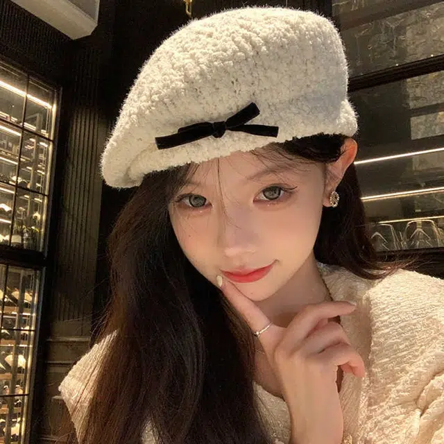 杨同学 甜美蝴蝶结画家帽显脸小 腈纶 贝雷帽 女款 白色/黑色/卡其