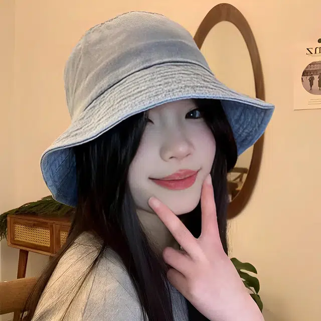 杨同学 复古做旧牛仔蓝色金属标大檐遮阳防晒 涤纶 渔夫帽 女款