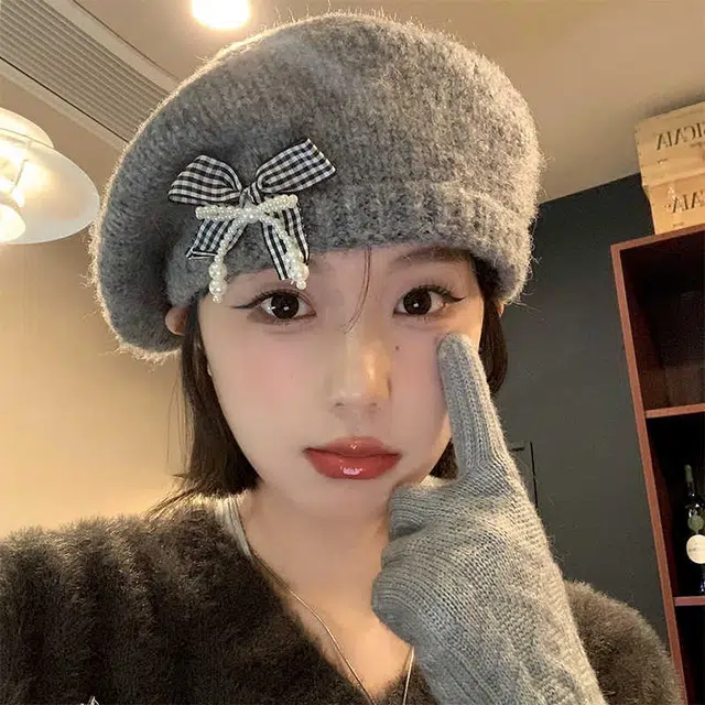 杨同学 韩版甜美蝴蝶结保暖#好运 涤纶 贝雷帽 女款