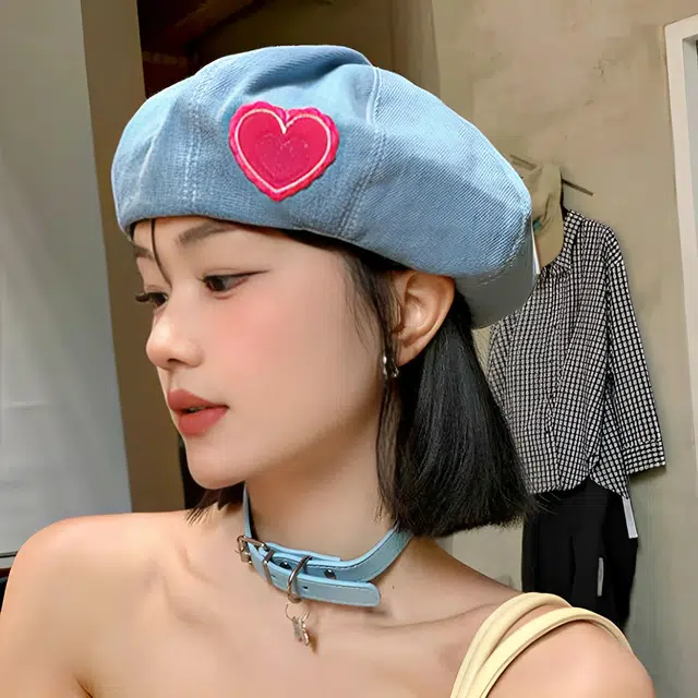 杨同学 日系甜美爱心刺绣复古牛仔画家帽 涤纶 贝雷帽 女款 浅蓝/中蓝/深蓝