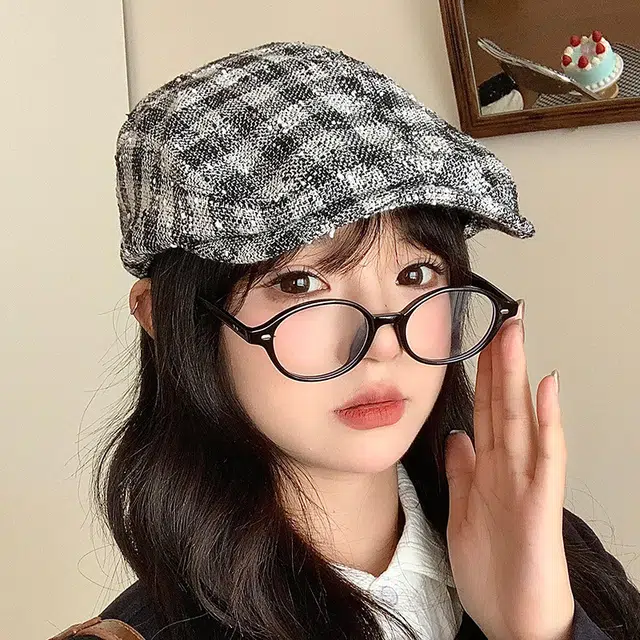 杨同学 英伦风复古黑白千鸟格百搭 涤纶 帽子 男女同款情侣款