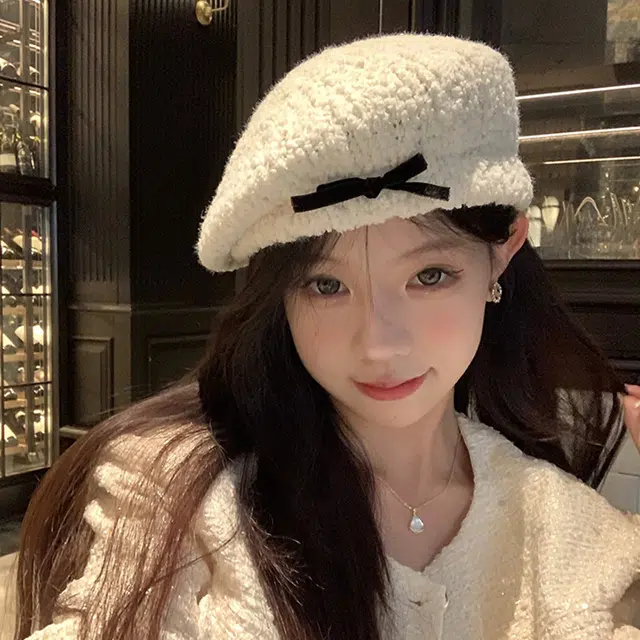 杨同学 甜美蝴蝶结画家帽显脸小 腈纶 贝雷帽 女款 白色/黑色/卡其