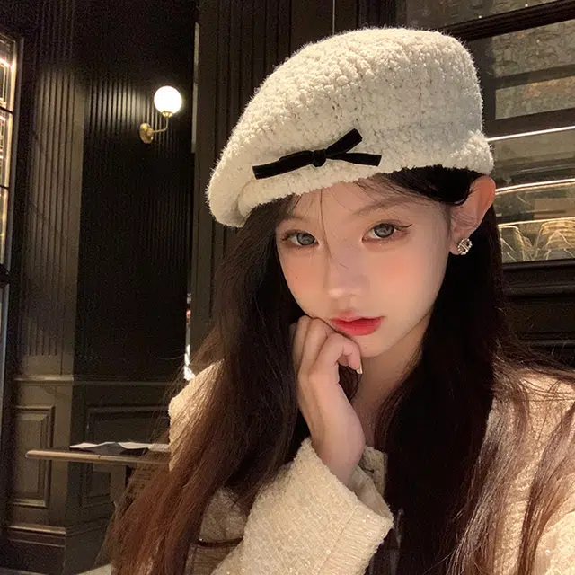 杨同学 甜美蝴蝶结画家帽显脸小 腈纶 贝雷帽 女款 白色/黑色/卡其
