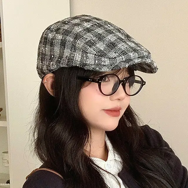 杨同学 英伦风复古黑白千鸟格百搭 涤纶 帽子 男女同款情侣款