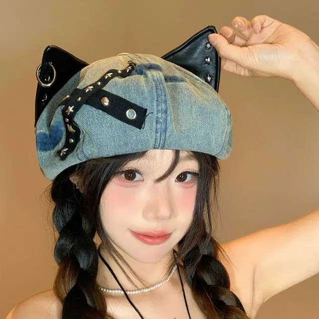 杨同学 美式复古风 猫耳朵帽 牛仔 贝雷帽 女款