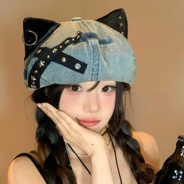 杨同学 美式复古风 猫耳朵帽 牛仔 贝雷帽 女款