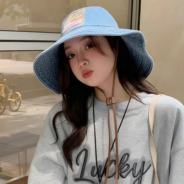 杨同学 日系贴布牛仔登山水洗做旧遮阳防晒 涤纶 渔夫帽 女款 浅蓝/深蓝/黑色