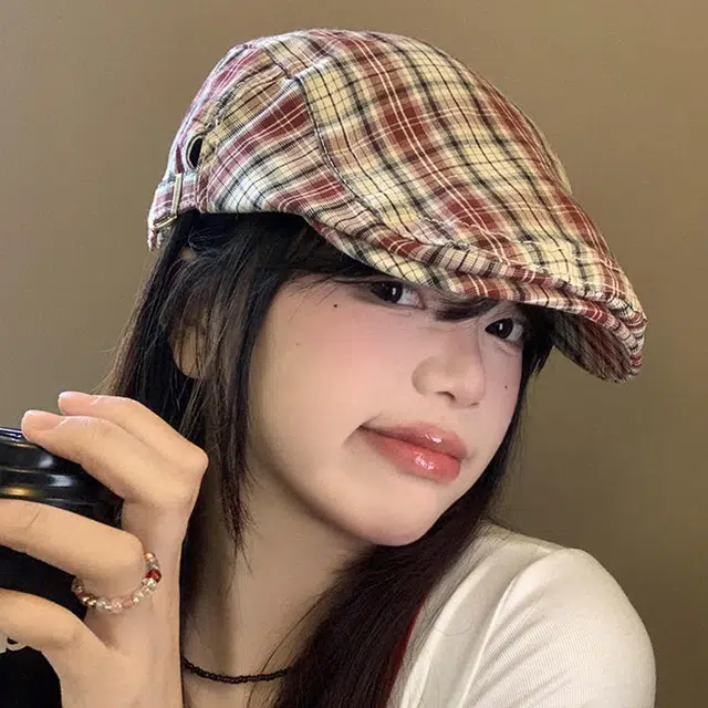 杨同学 日系文艺复古撞色格纹前进帽 腈纶 帽子 女款