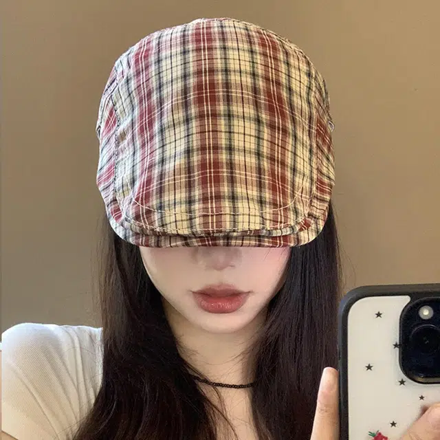 杨同学 日系文艺复古撞色格纹前进帽 腈纶 帽子 女款