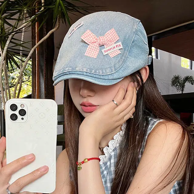 杨同学 甜美蝴蝶结水洗牛仔复古 涤纶 贝雷帽 女款 浅蓝/深蓝/黑色