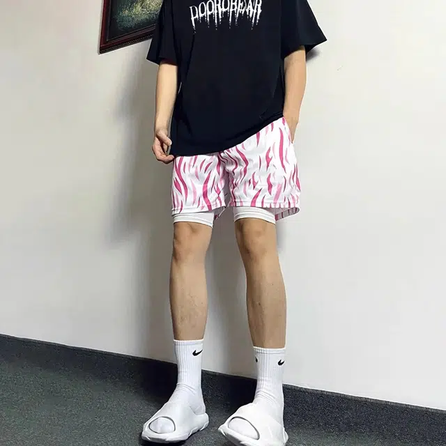 萌芽熊 美式高街宽松户外运动柳叶纹透气网眼吸汗速干时尚潮流冰丝凉感简约百搭跑步训练五分篮球假两件休闲短裤 男女同款