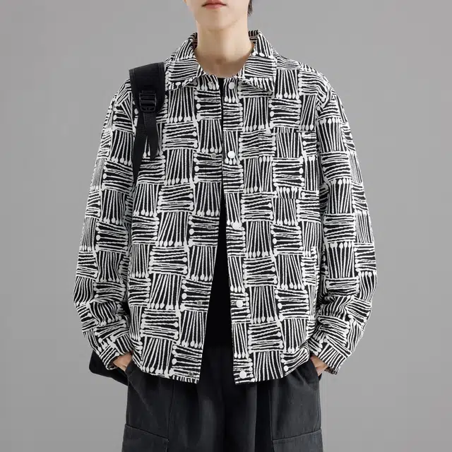 萌芽熊 美式高街系列外套格子几何提花复古小香风美拉德色系情侣工装衬衫式个性百搭潮流宽松开衫日常夹克 男女同款