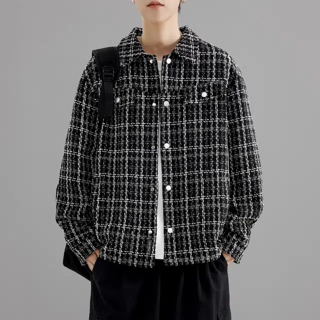 萌芽熊 美式高街系列格子色织提花复古小香风情侣工装衬衫式外套宽松个性百搭潮流学院风开衫日常夹克 男女同款