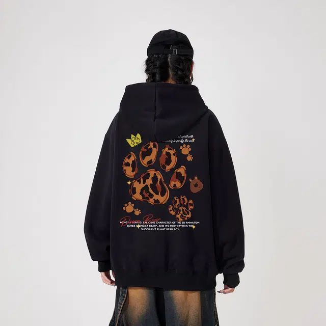 萌芽熊 萌芽熊美式休闲可爱动物豹纹爪印字母数字印花宽松舒适长袖连帽卫衣 男女同款