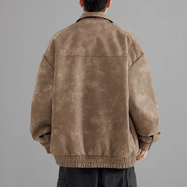 萌芽熊 美式高街美拉德色系情侣工装翻领机车飞行服水洗扎染个性百搭潮流宽松开衫学院风皮衣 男女同款