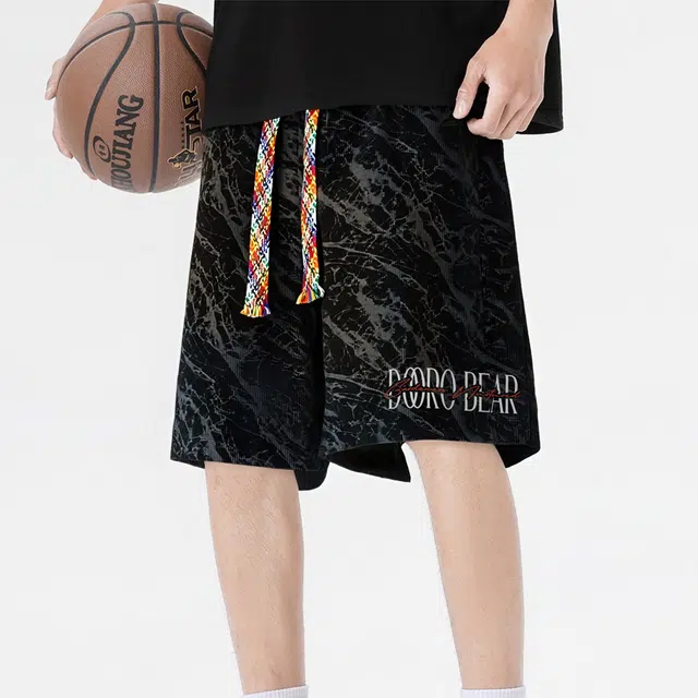 萌芽熊 扎染五分美式宽松签名花体撞色字母多彩抽绳学院风过膝简约百搭基础款跑步运动潮流透气日常通勤休闲短裤 男女同款