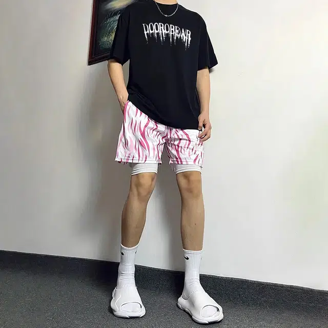 萌芽熊 美式高街宽松户外运动柳叶纹透气网眼吸汗速干时尚潮流冰丝凉感简约百搭跑步训练五分篮球假两件休闲短裤 男女同款