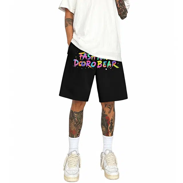 萌芽熊 美式高街复古宽松涂鸦字母印花五分裤中裤篮球裤运动跑步健身学院风时尚百搭短裤 男女同款