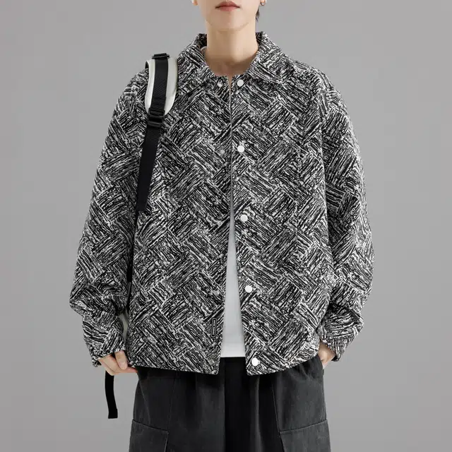 萌芽熊 美式高街系列外套格子几何提花复古小香风美拉德色系情侣工装衬衫式个性百搭潮流宽松开衫通勤夹克 男女同款