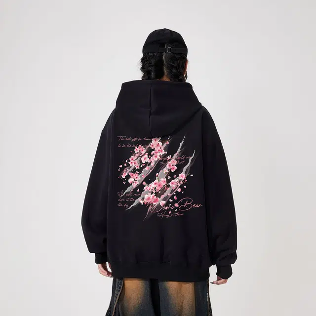 萌芽熊 萌芽熊美式高街樱花树枝错位爪痕休闲宽松舒适百搭精选个性高级户外运动日常通勤潮流时尚长袖连帽卫衣 男女同款