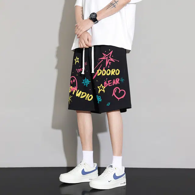 萌芽熊 美式街头嘻哈创意涂鸦休闲短裤 男女同款