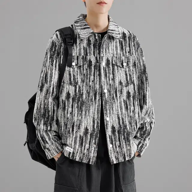萌芽熊 美式高街系列复古扎染色织提花小香风情侣工装衬衫式按扣外套宽松个性百搭潮流学院风开衫夹克 男女同款