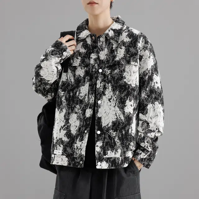 萌芽熊 美式高街系列外套扎染植物提花复古小香风情侣工装衬衫式个性百搭潮流宽松开衫通勤夹克 男女同款