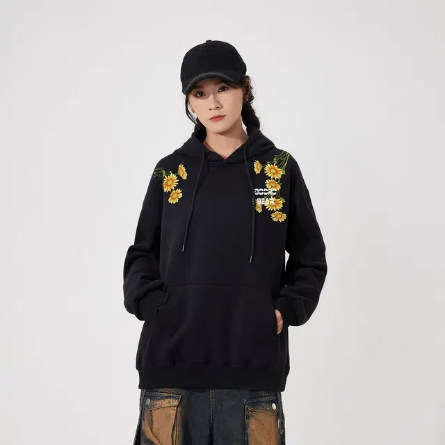 萌芽熊 萌芽熊美式休闲鲜花字母印花设计宽松舒适长袖纯色连帽卫衣 男女同款