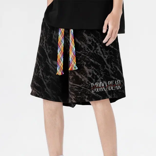 萌芽熊 扎染五分美式宽松签名花体撞色字母多彩抽绳学院风过膝简约百搭基础款跑步运动潮流透气日常通勤休闲短裤 男女同款