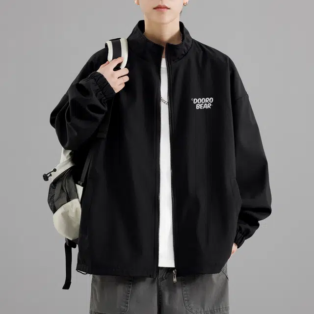 萌芽熊 美式高街系列外套教练休闲复古立领简约个性百搭户外潮流宽松学院风开衫运动上衣字母印花通勤夹克 男女同款