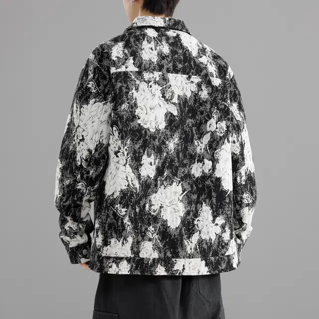 萌芽熊 美式高街系列外套扎染植物提花复古小香风情侣工装衬衫式个性百搭潮流宽松开衫学院风夹克 男女同款