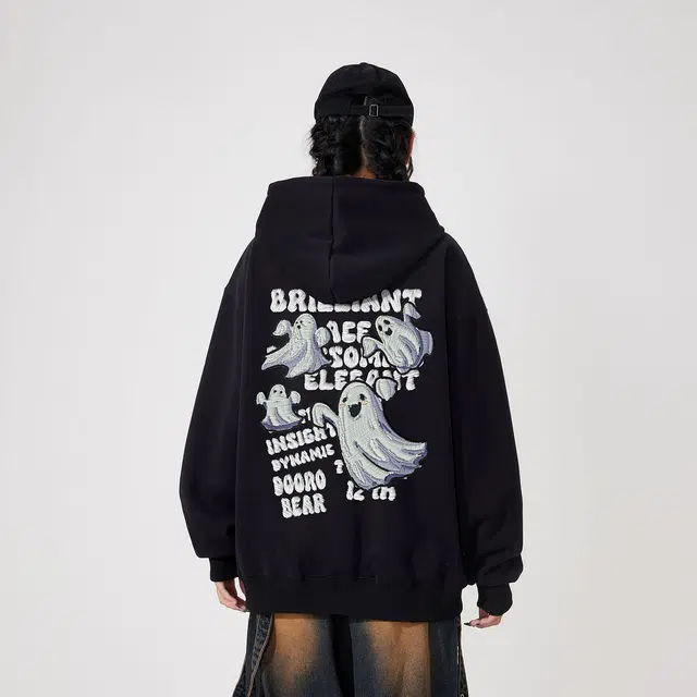 萌芽熊 萌芽熊美式高街仿刺绣可爱卡通小幽灵休闲宽松舒适百搭精选个性高级户外运动日常通勤潮流时尚连帽长袖卫衣 男女同款