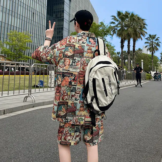 北欧攻略 美式复古休闲宽松创意图案海边沙滩运动痞帅轻薄透气衬衫套装 男女同款