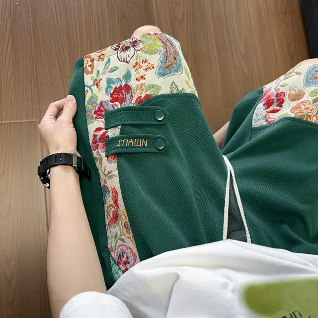 北欧攻略 夏季美式高街五分裤字母绣花拼接撞色植物元素潮牌品质透气大码休闲短裤 男女同款