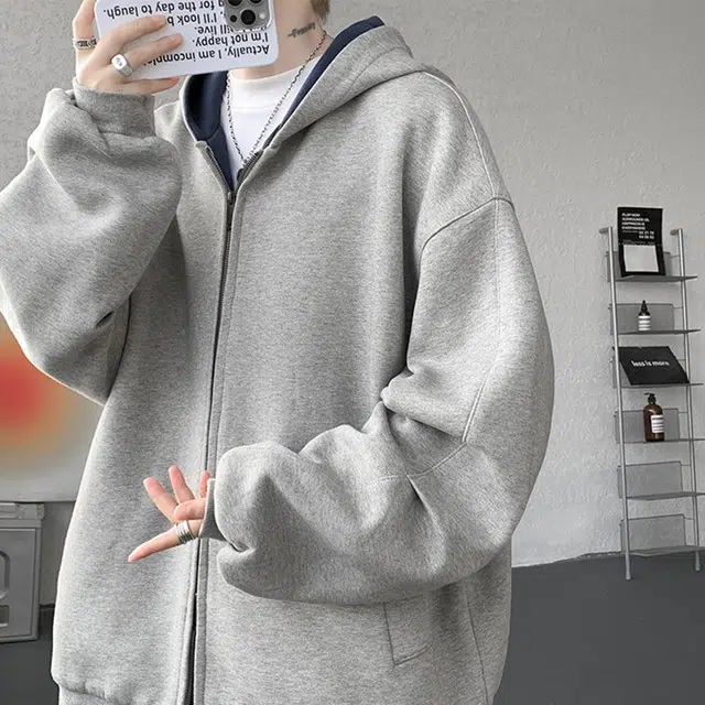 北欧攻略 美式重磅高级感双拉链撞色松弛感微阔显瘦连帽开衫外套宽松大码胖人秋冬学院风长袖卫衣 男女同款
