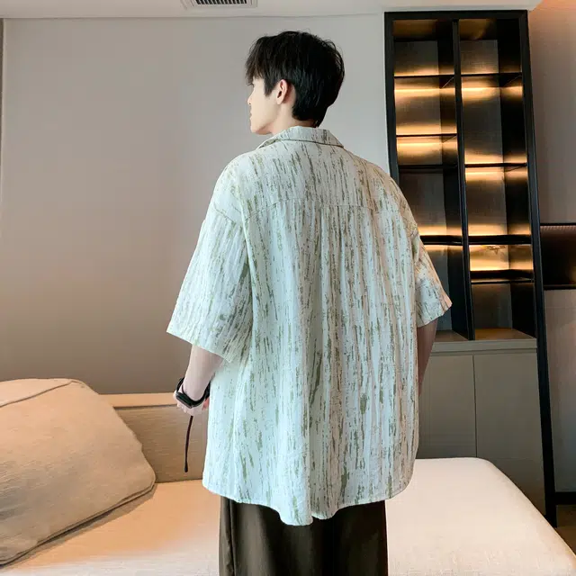 北欧攻略 美式高级感条纹碎花小清新少年感垂感舒适亲肤透气短袖衬衣外套宽松大码加肥加大休闲通勤痞帅翻领衬衫 男女同款