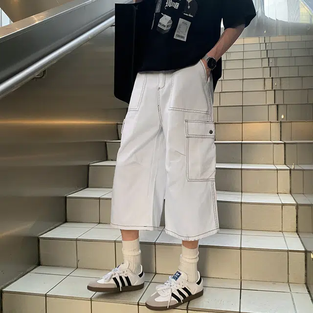 北欧攻略 美式复古多口袋明线工装直筒七分裤痞帅松弛少年感休闲短裤 男女同款