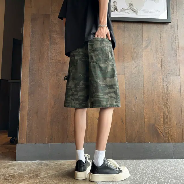 北欧攻略 美式复古迷彩水洗牛仔五分裤舒适透气痞帅设计感解构休闲短裤 男女同款