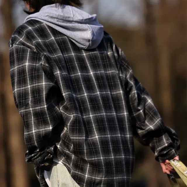 北欧攻略 日系复古格子拼接高品质质感假两件连帽长袖夹克外套 男女同款
