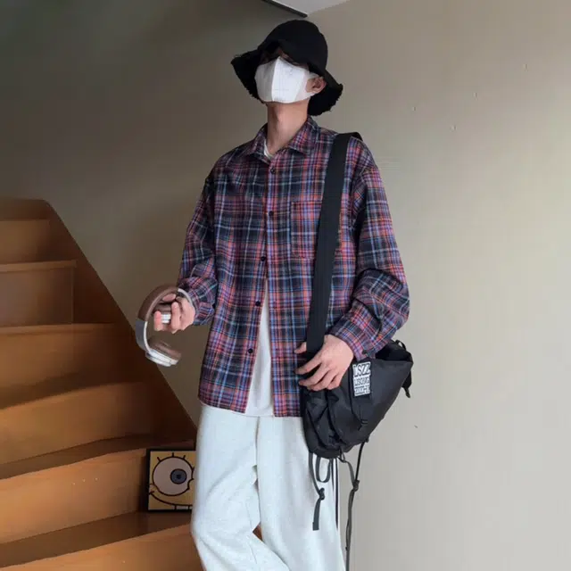 北欧攻略 慵懒风氛围感格子拼接撞色宽松大码显瘦早秋衬衣外套外穿内搭叠穿休闲通勤松弛感痞帅小清新少年感长袖衬衫 男女同款