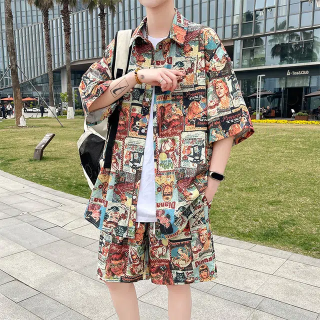 北欧攻略 美式复古休闲宽松创意图案海边沙滩运动痞帅轻薄透气衬衫套装 男女同款