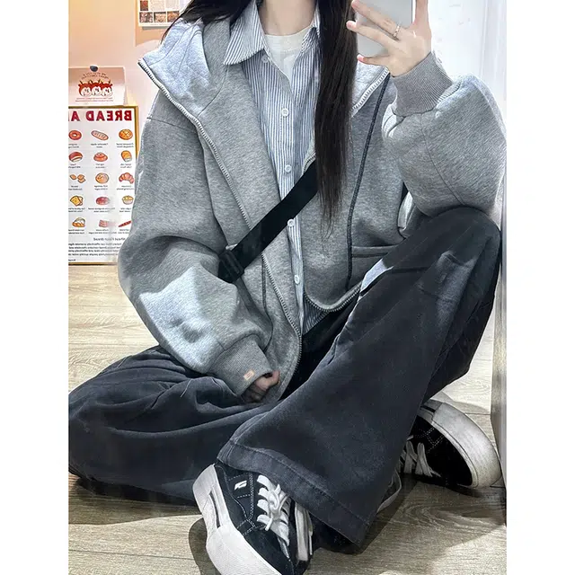 北欧攻略 美式复古分割线条连帽开衫拉链外套秋冬高级感宽松大码显瘦慵懒风休闲卫衣 男女同款
