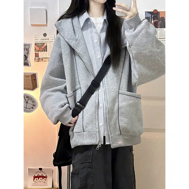 北欧攻略 美式复古分割线条连帽开衫拉链外套秋冬高级感宽松大码显瘦慵懒风休闲卫衣 男女同款