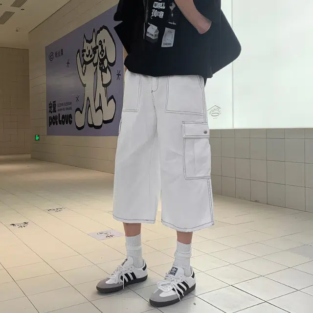北欧攻略 美式复古多口袋明线工装直筒七分裤痞帅松弛少年感休闲短裤 男女同款