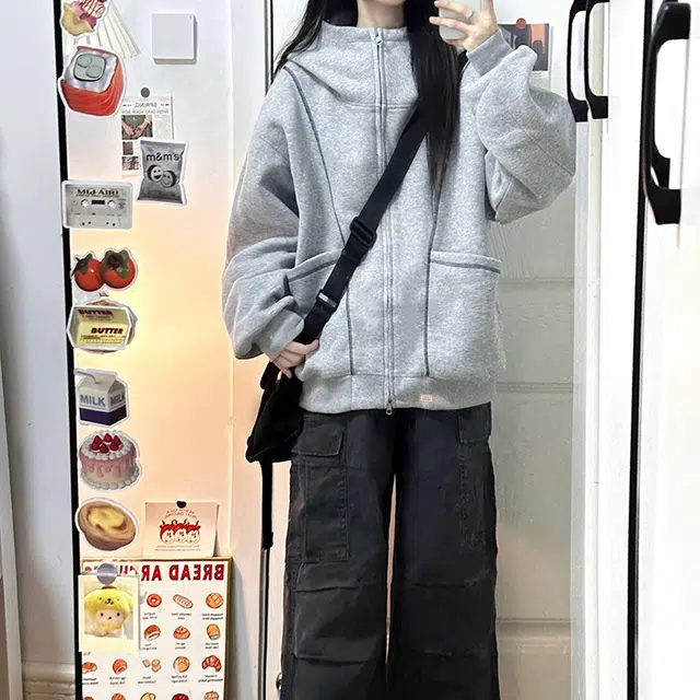 北欧攻略 美式复古分割线条连帽开衫拉链外套秋冬高级感宽松大码显瘦慵懒风休闲卫衣 男女同款