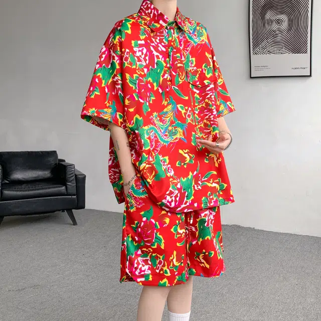 零氏 东北大花风格痞帅速干服饰衣大码宽松薄款五分裤痞帅翻领短袖休闲运动套装 男女同款